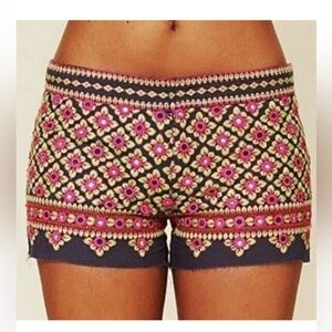 Anthropologie THML Shorts Lined Cotton & Linen Embroidered Size S pink/blue